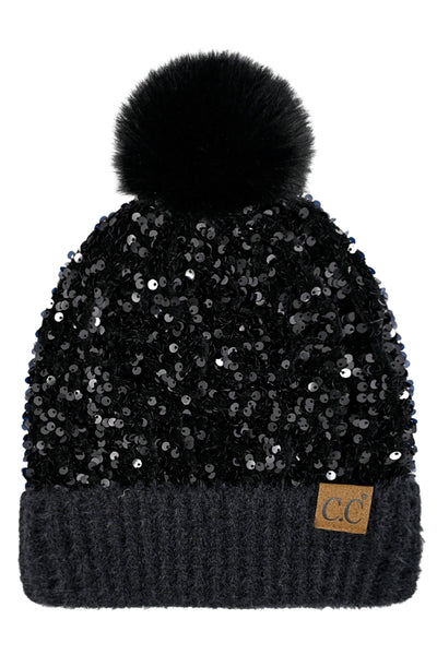 Sequin CC Fur Pom Pom Beanie