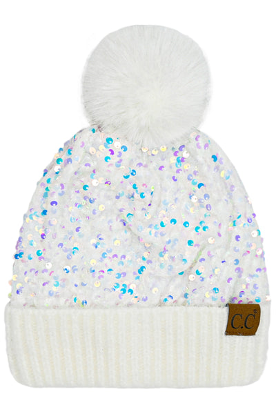 Sequin CC Fur Pom Pom Beanie