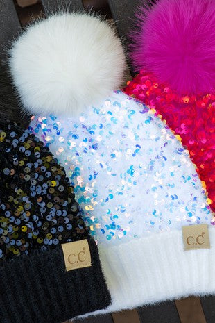 Sequin CC Fur Pom Pom Beanie