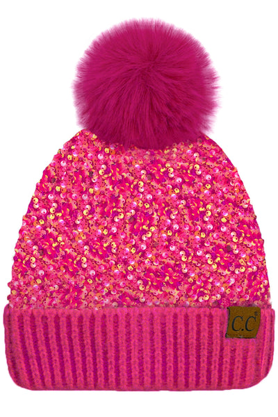 Sequin CC Fur Pom Pom Beanie