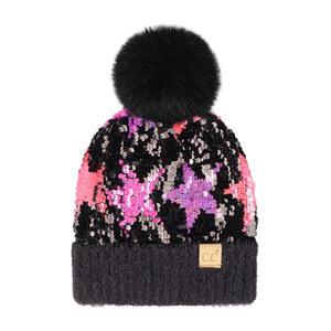 Neon Sequin Star CC Beanie- Pink & Purple