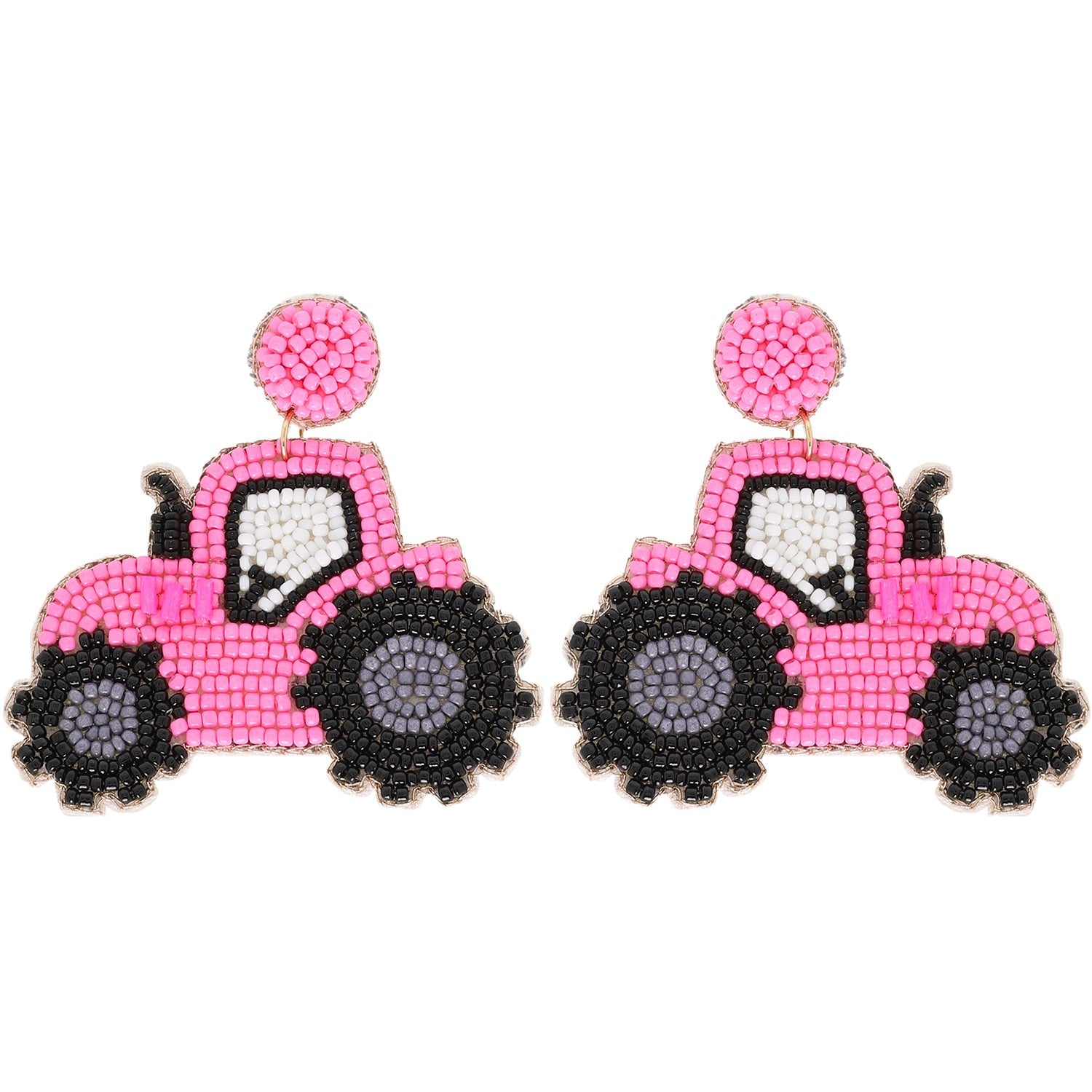 Pink Tractor Beaded Earrings