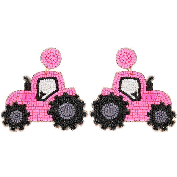 Pink Tractor Beaded Earrings