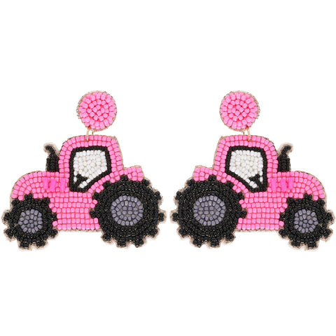 Pink Tractor Beaded Earrings