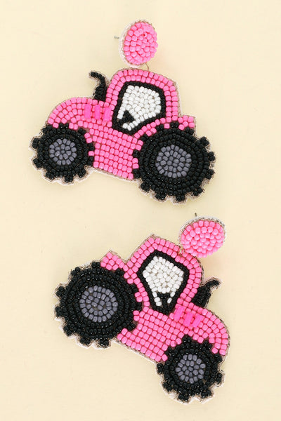 Pink Tractor Beaded Earrings