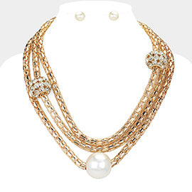 Pearl & Rhinestone Ball Mesh Layered Necklace Set